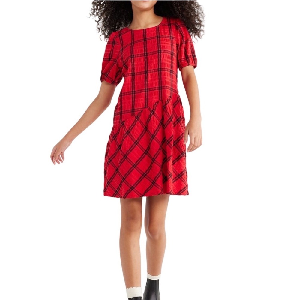 Free Assembly Girls Red Black Plaid Smocked Drop Waist Dress XXL 18‎